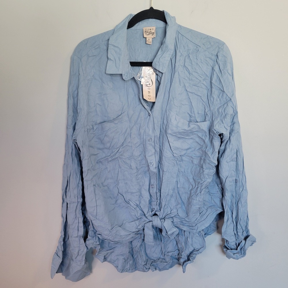 Como Vintage Women XL Blue Button Down Tie Front Long Sleeve Rayon Shirt NWT